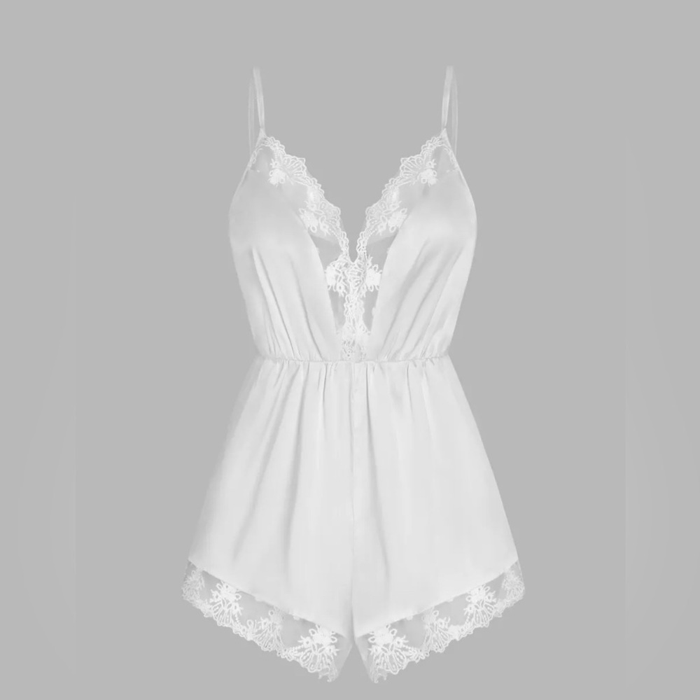 SATIN LACE TRIM V-NECK LOUNGE ROMPER